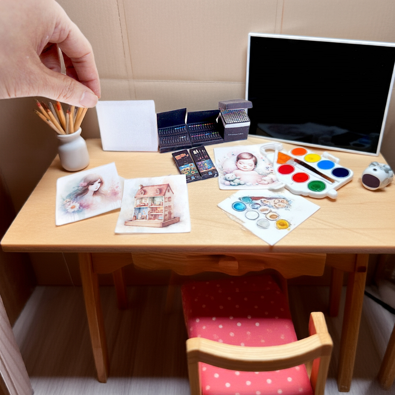 Watercolor Canvas Print Hobby Miniatures for Dolls and Barbies | 1:6 Scale Art Supplies Set with Colors, Tray, Canvas, Brushes