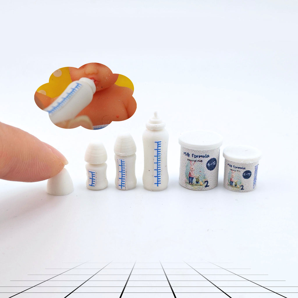 1:12 Baby Milk Bottle & Formula Set STL — 6 Styles Miniature Baby Care for Dollhouse (3D Print File, Label included, Instant Download)