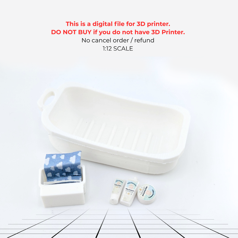 1:12 Baby Bath Tub,  baby shower, shampoo, baby cream (3D print STL file, PDF)