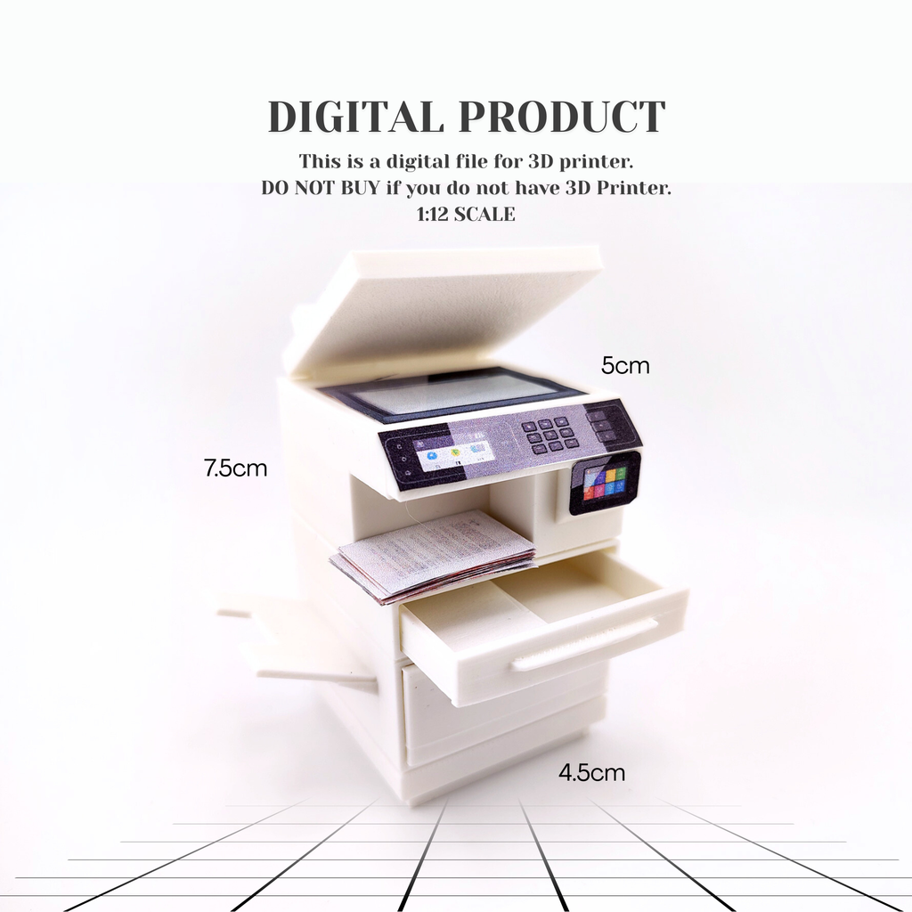 High quality Office Printer STL file for 1:12 dollhouse print and documents included, office equipment, office diorama