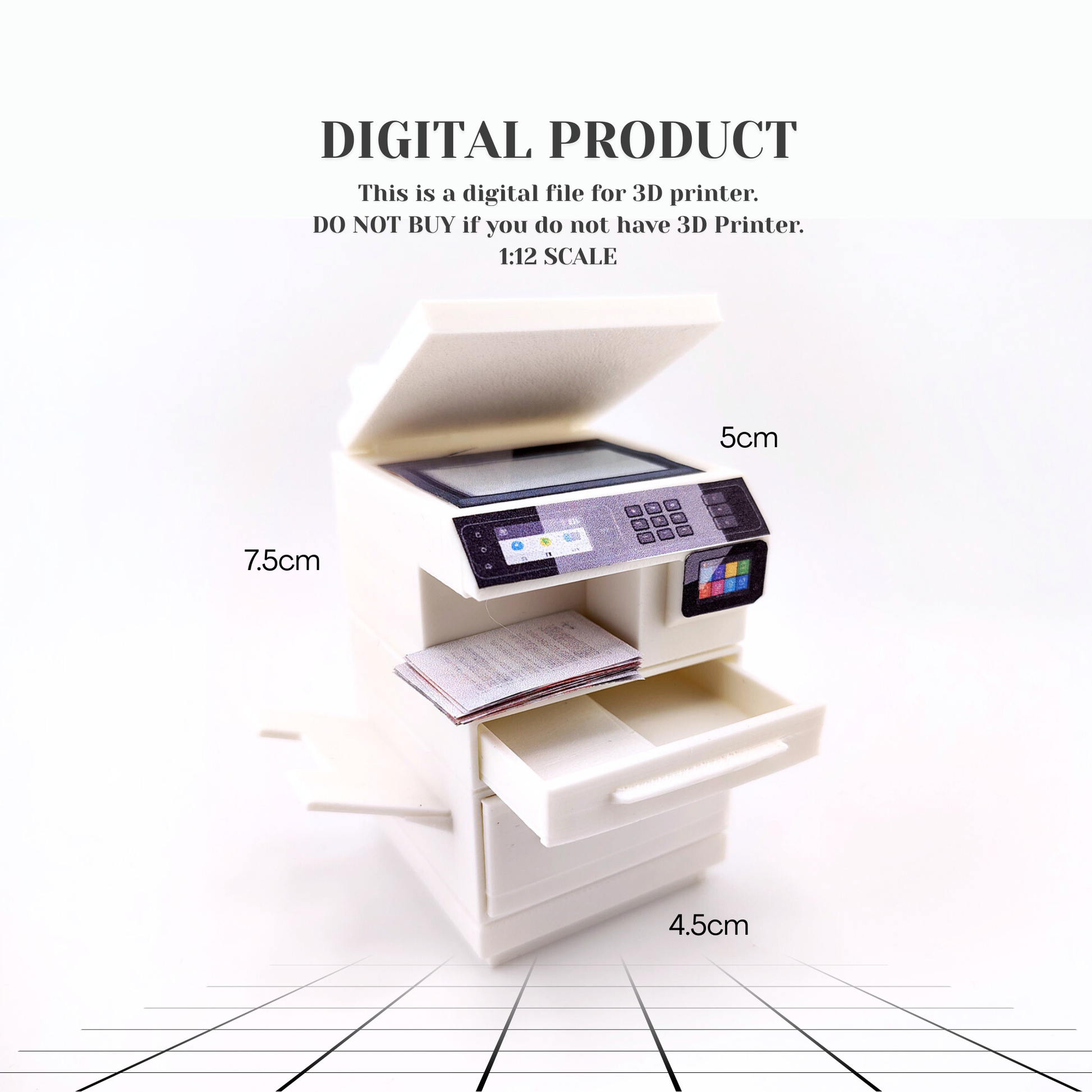 High quality Office Printer STL file for 1:12 dollhouse print and documents included, office equipment, office diorama