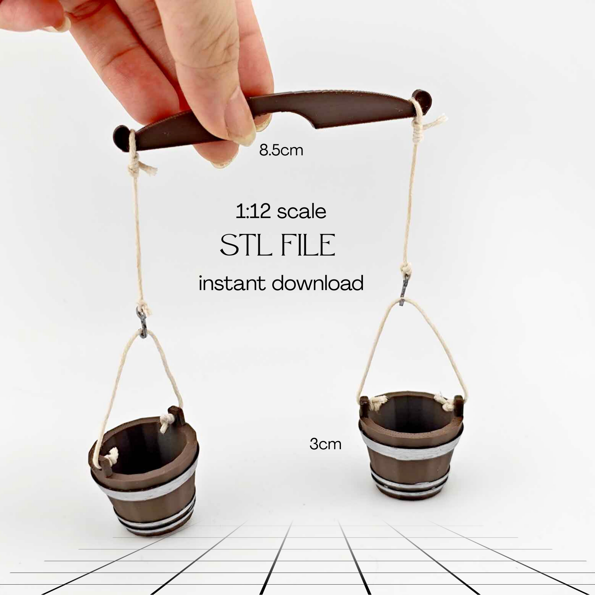 1:12 Miniature wooden water bucket for outdoor Door — 3D Print STL File, Dollhouse Accessories