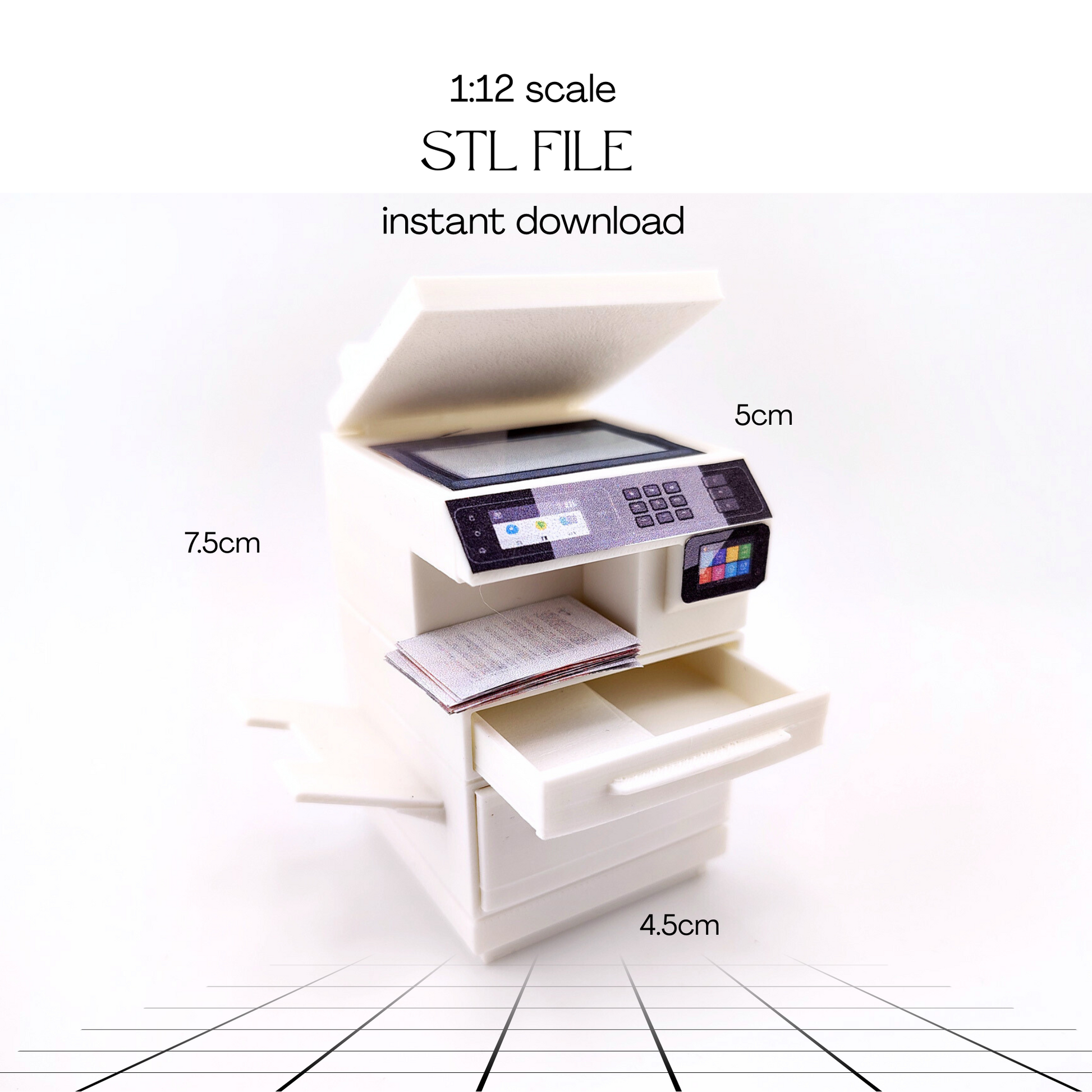 High quality Office Printer STL file for 1:12 dollhouse print and documents included, office equipment, office diorama
