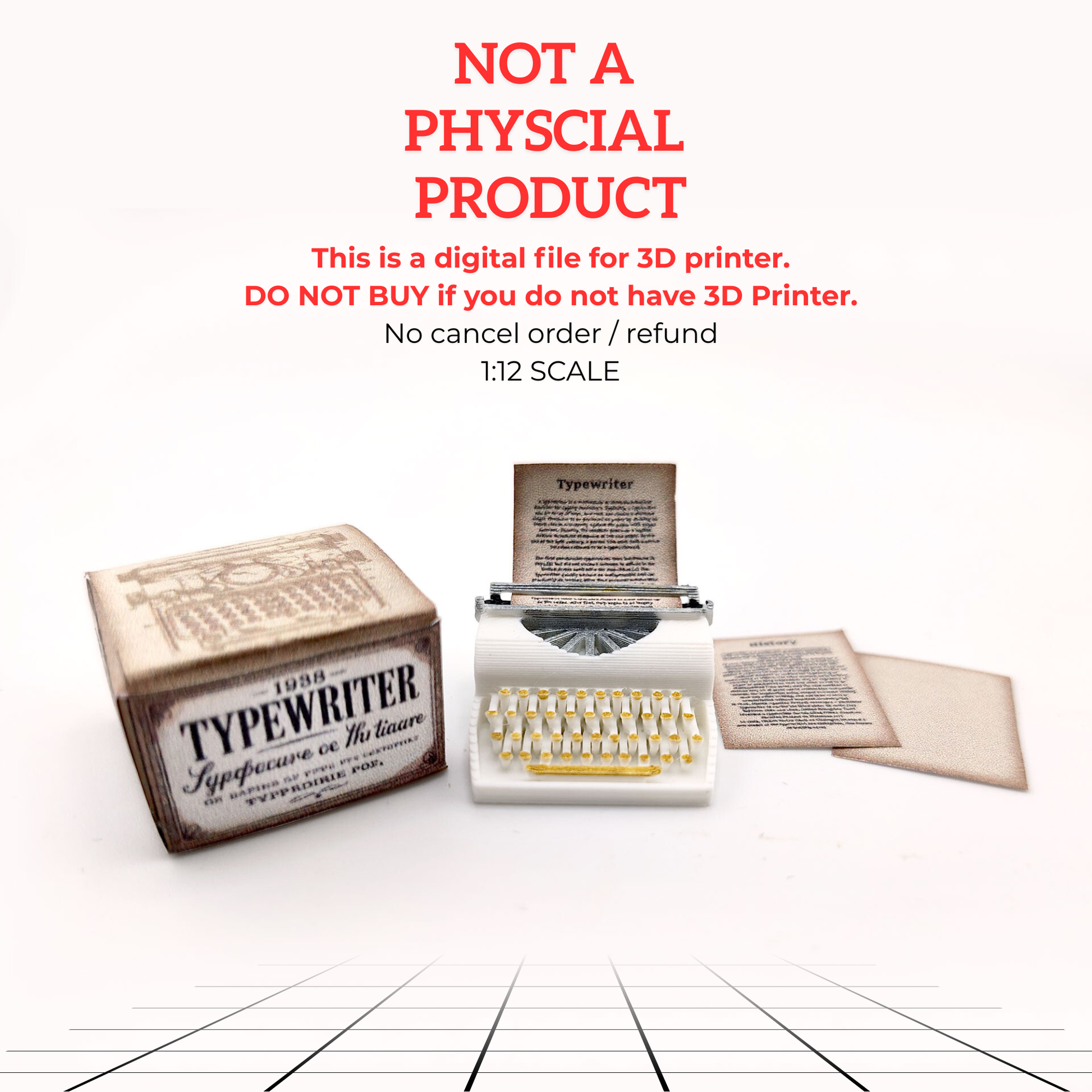 1:12 Vintage Typewriter STL File — Miniature Office Equipment with Printable Paper for Dollhouse Diorama (3D Print Download)
