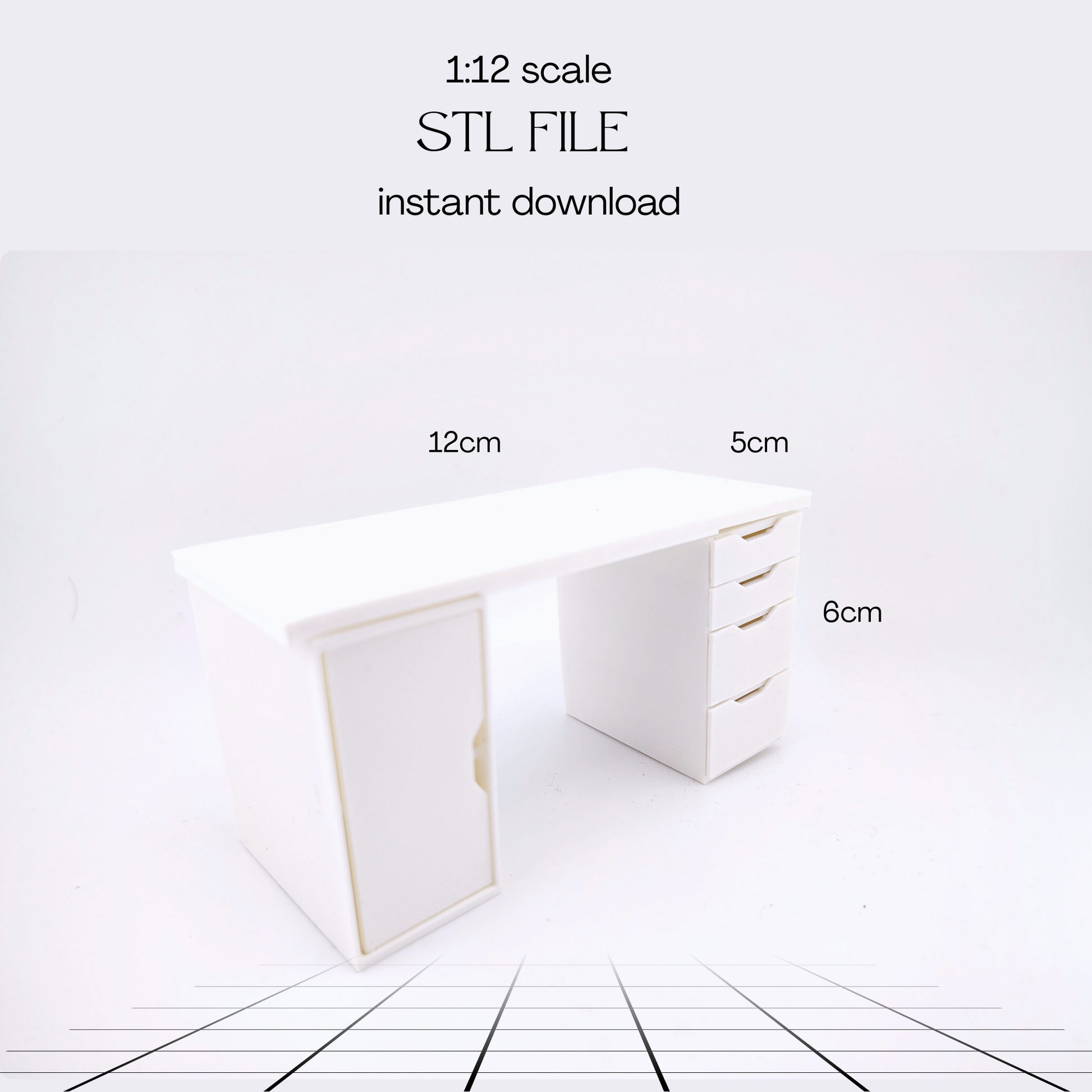 1:12 Office desk, crafter drawer STL file for dollhouse print,