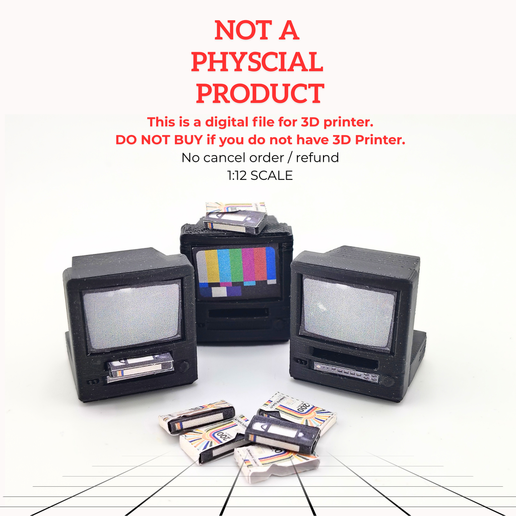 Vintage TV and VHS player 1:12 STL file for dollhouse, included printable sticker, instant download, Bambu lab a1 mini tested