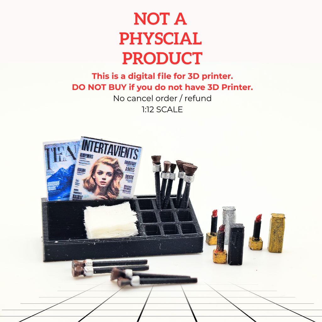 1:12 Make up brushes, lips stick and holder included simple magazine, cosmetic set for doll bedroom, STL file instant download