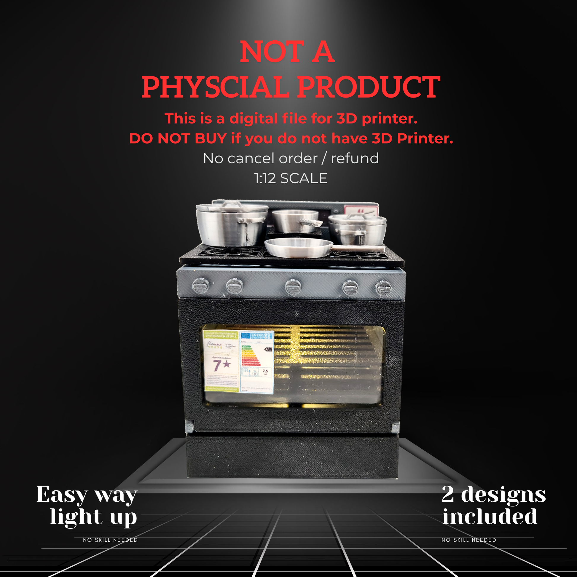 1:12 Kitchen Stove & Oven STL  with Light/No-Light for Dollhouse Diorama