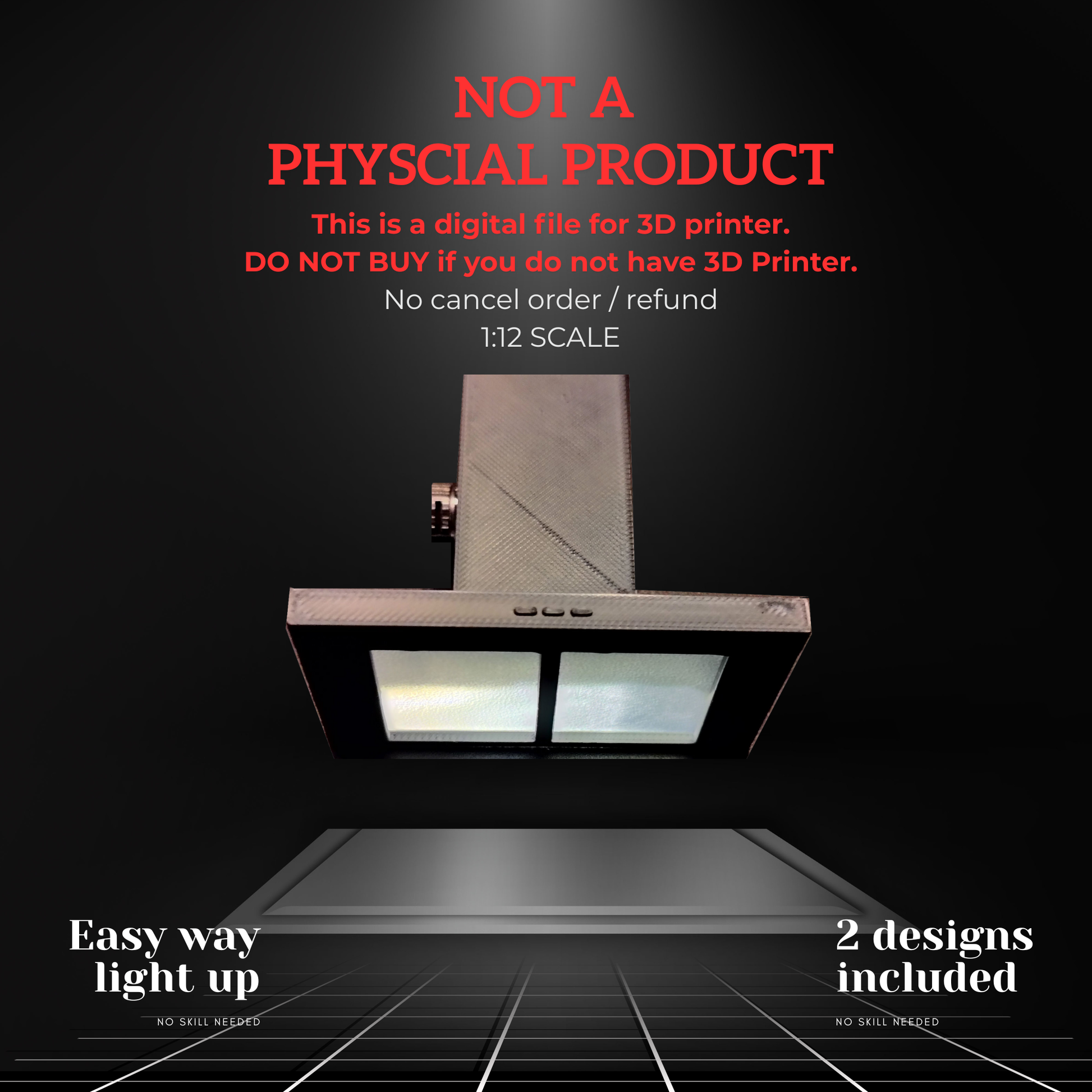 1:12 Kitchen Range Hood STL with Light/No-Light for Dollhouse Diorama, realistic kitchen