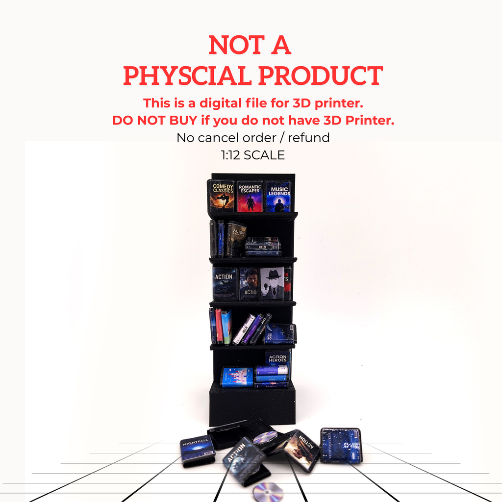 DVD Stand with 42 CD cover STL file for 1:12 dollhouse and shop,  classic movie and music shop diorama