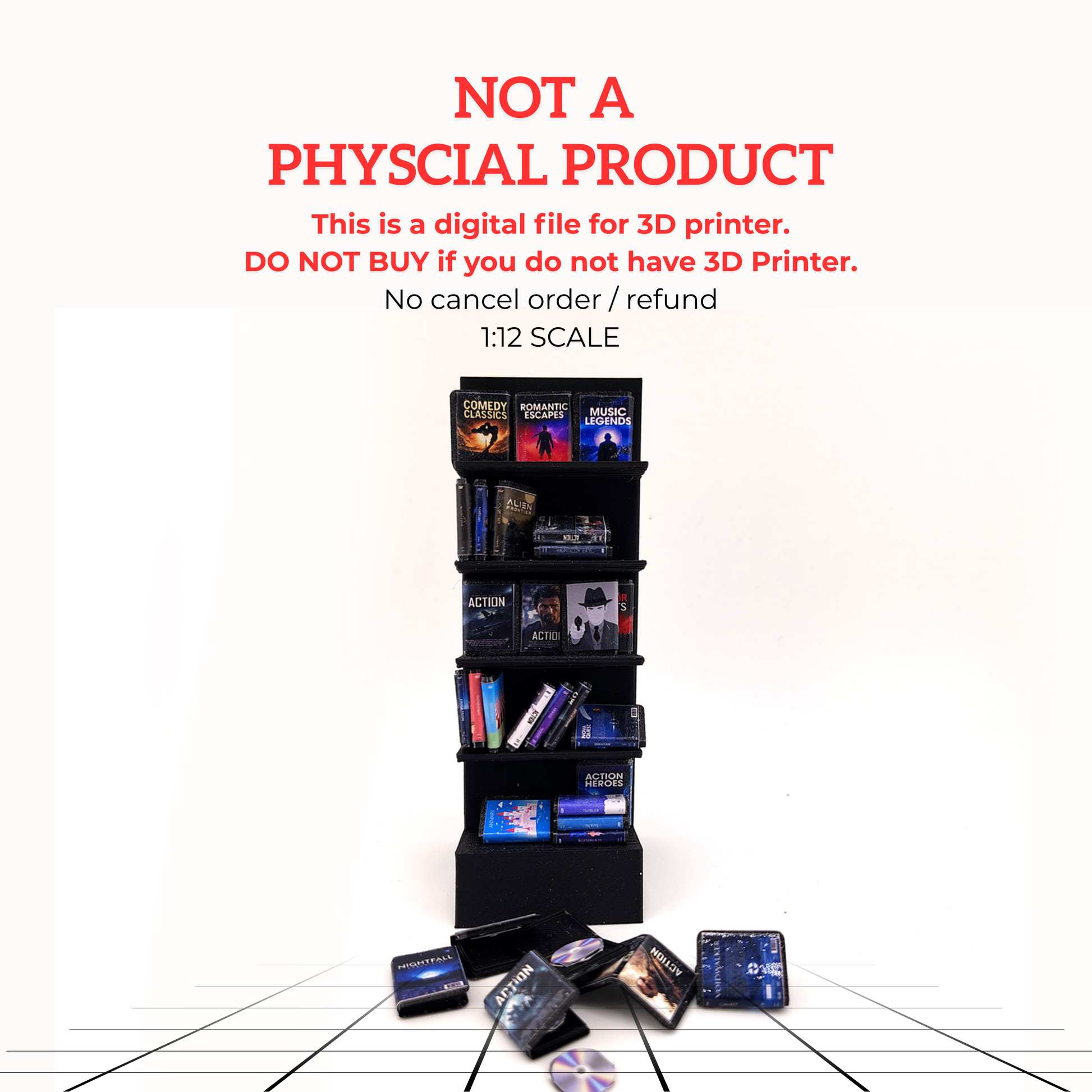 DVD Stand with 42 CD cover STL file for 1:12 dollhouse and shop,  classic movie and music shop diorama