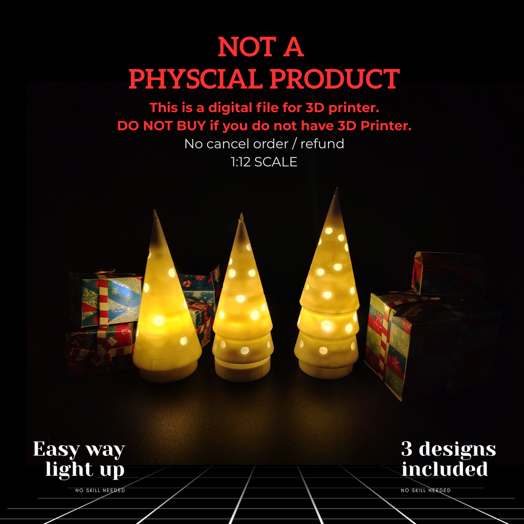 Christmas Tree easy light on decoration STL file for dollhouse or desk x'mas display , 3 style