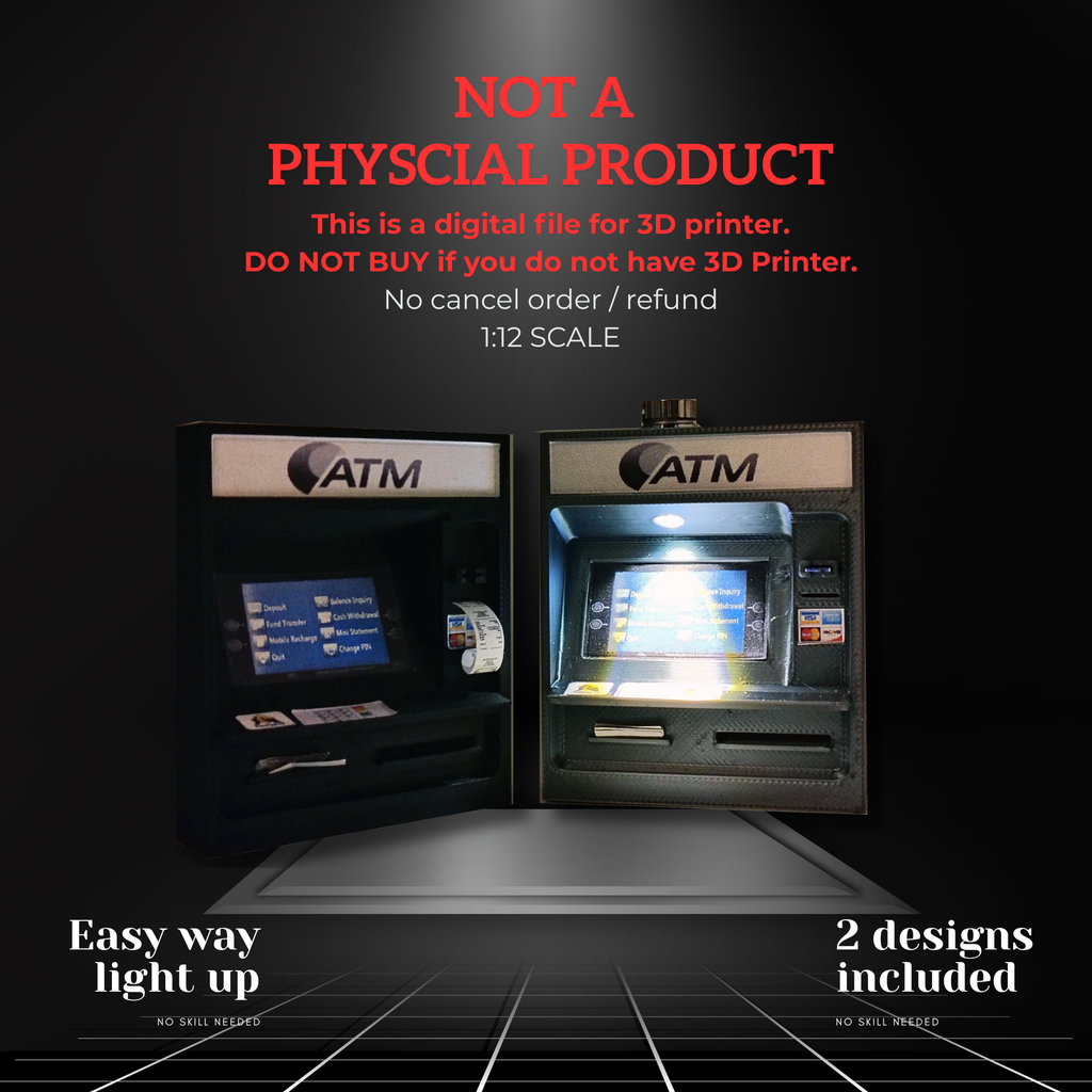 ATM with light and without light STL file for 1:12 doll, Cash and credit card insert