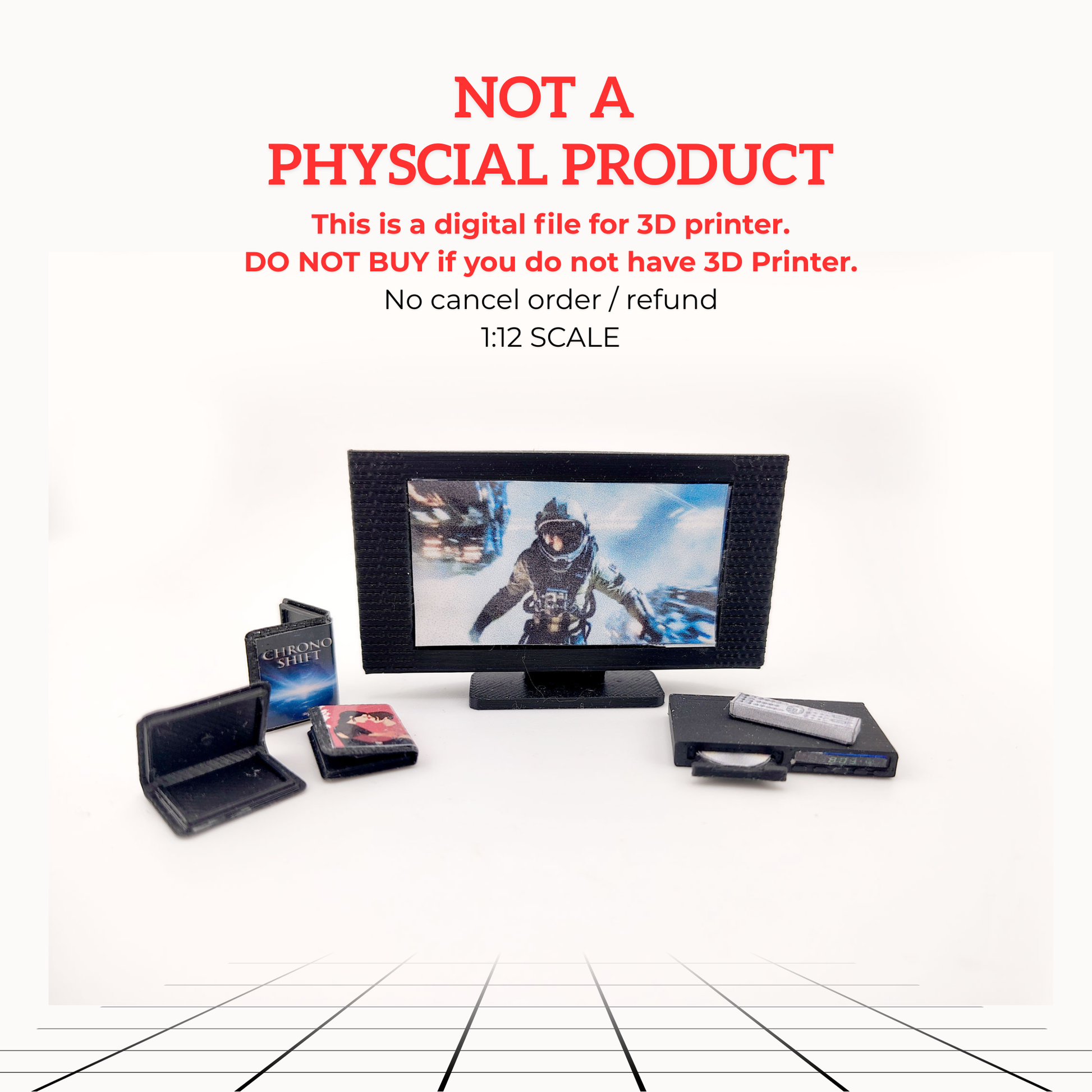 DVD player and television with 3 cd covers STL file for 1:12 dollhouse and shop, classic TV home appliance for living room scene