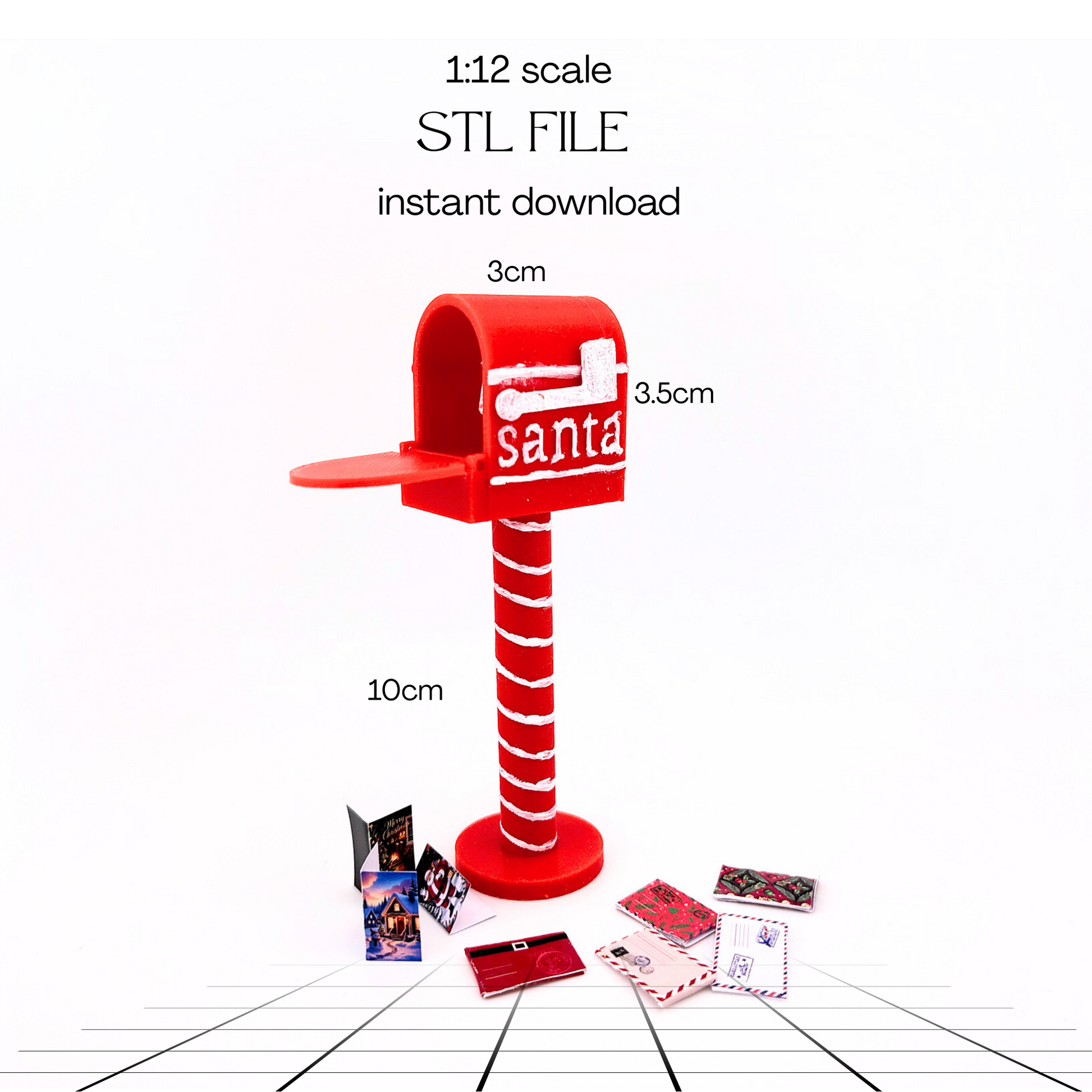 Openable Santa Christmas Mail Box with Envelope and Christmas card for 1:12 dollhouse outdoor decoration, mechanic 3d toy