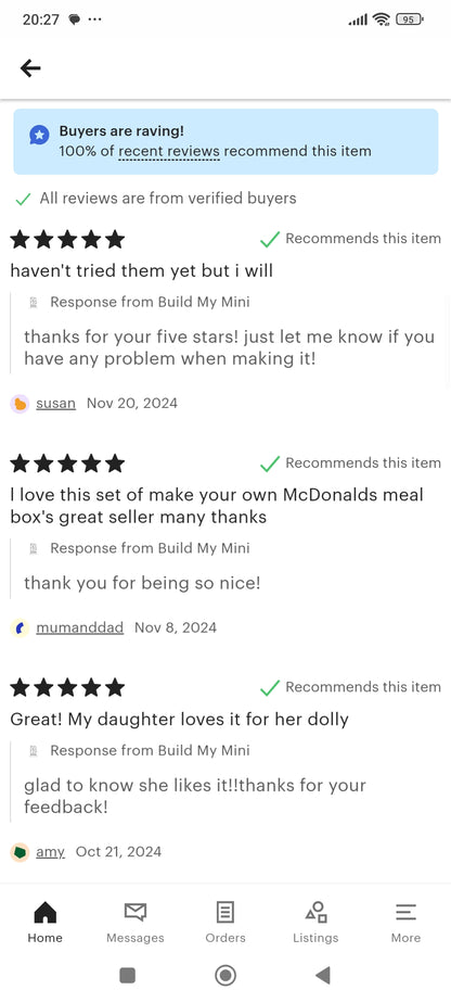 10 pieces McDonald's Meal and Happy Meal Set - Printable Dollhouse Mcdonald Fast Food for doll - Burger, Fries, DIY,
