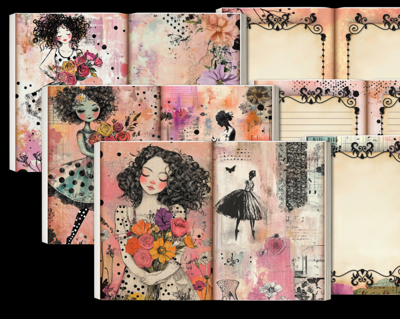 OutieCraft Curly black hair girl journal page and scrapbook paper , 40 images Letter, Music Instrument, dancing, black dots vintage and artistic style