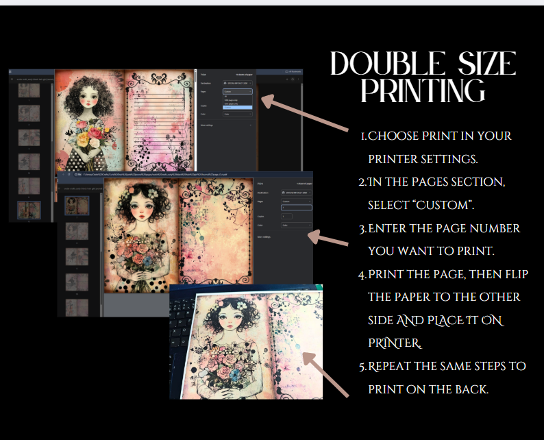 OutieCraft Curly black hair girl journal page and scrapbook paper , 40 images Letter, Music Instrument, dancing, black dots vintage and artistic style