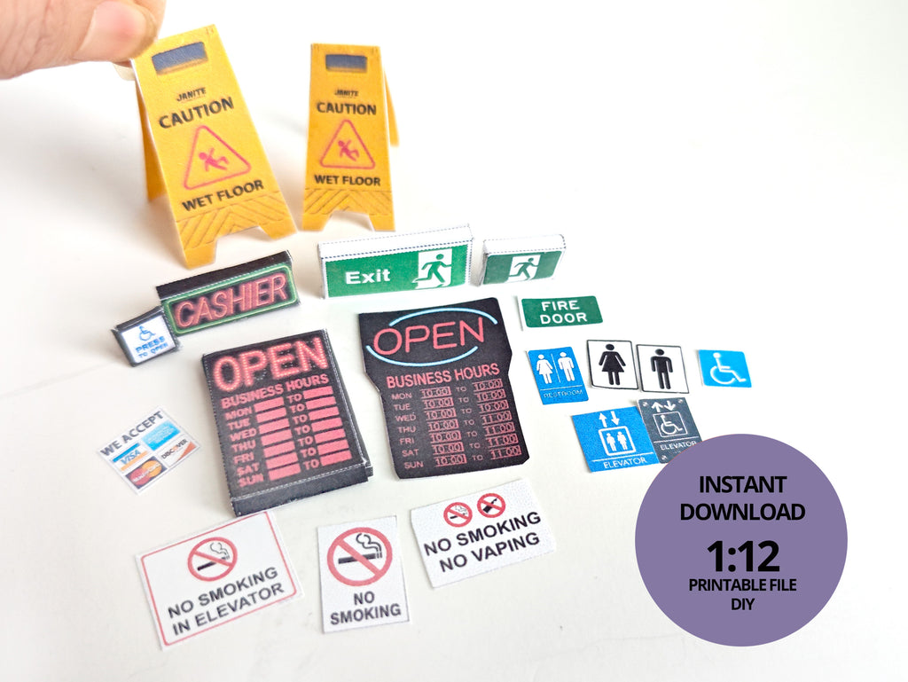 1:12 Miniature Shop Signs Set — Dollhouse Accessories (Wet Floor, Open, Exit, Cashier, Restrooms, Warnings & More)