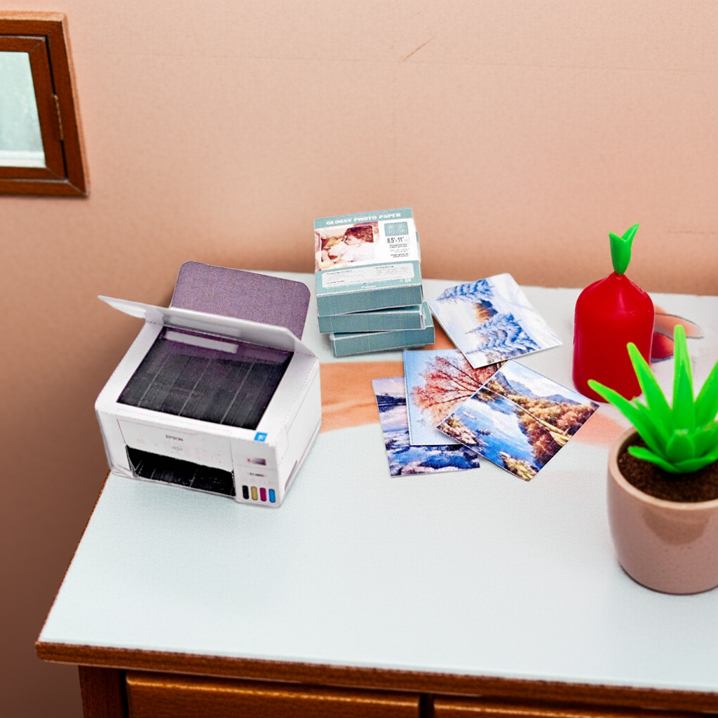 1:12 Mini Printer with Four Seasons Paper — Perfect for Dollhouse Crafting & Study Rooms