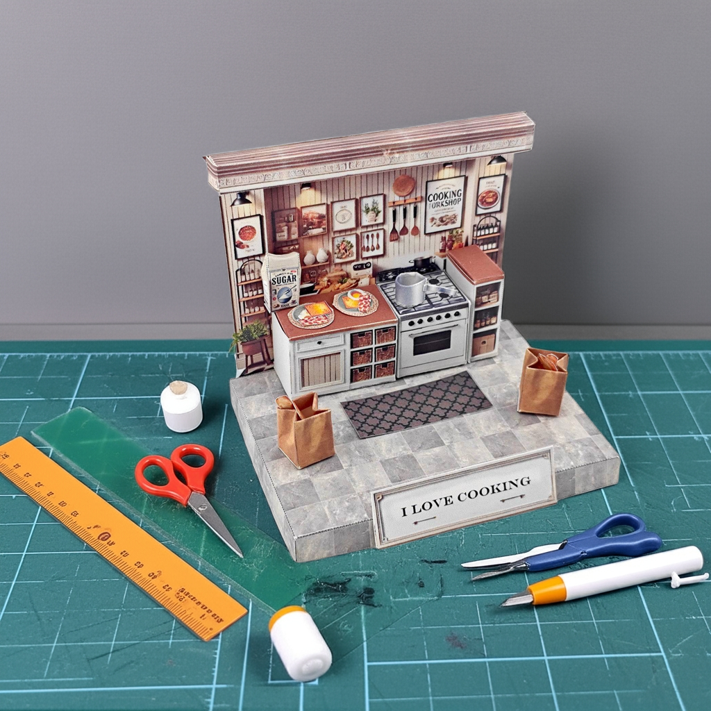 I love Cooking kitchen DIY miniature kit, backdrop, diorama, arts, design, mini kitchen, mini house, art & craft hobby, craft kit