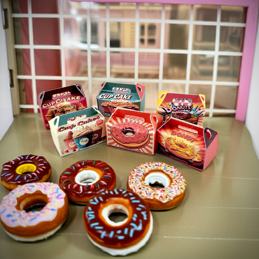 Baking Donut box and Cup Cake box, 6 styles colorful diorama  for 1:12 Dollhouse accessories and food perfect decoration