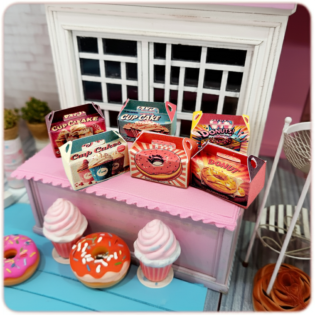 Baking Donut box and Cup Cake box, 6 styles colorful diorama  for 1:12 Dollhouse accessories and food perfect decoration