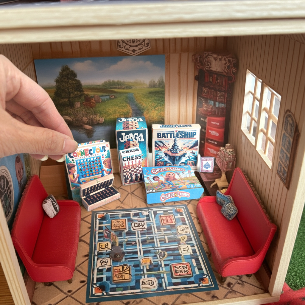 1:12 Scale , 7 items Board Games and openable chess board - Printable Dollhouse decorations - printable miniature template
