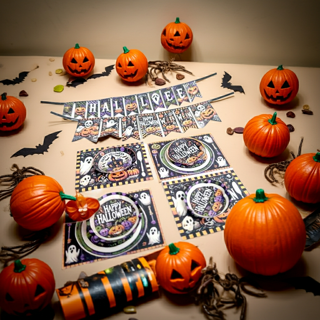 1:6 Halloween banners, plates, plate mats for 1:6 dollhouse Halloween party or dinner