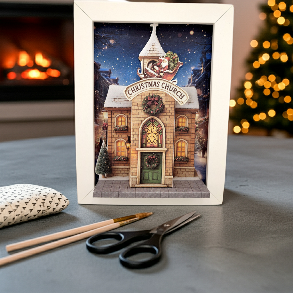 Church Christmas Chalet — 7x5 Photo Frame Miniature Shop DIY Craft Kit for Winter x'mas