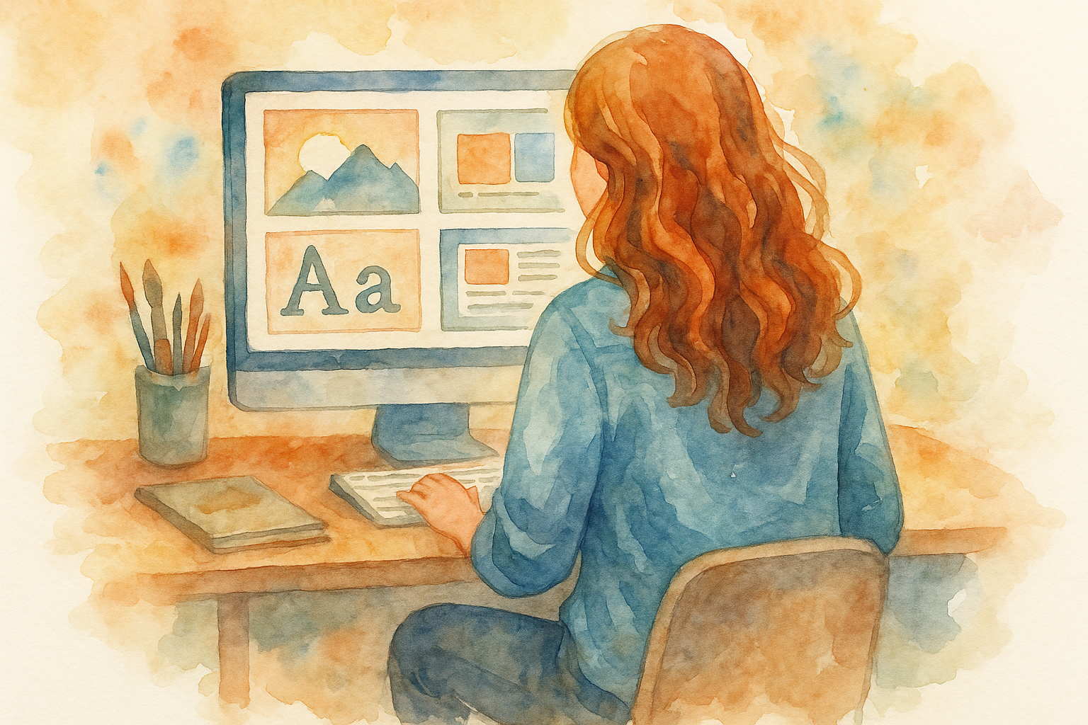 a women is designing in front of the computer, only see her back. water print style