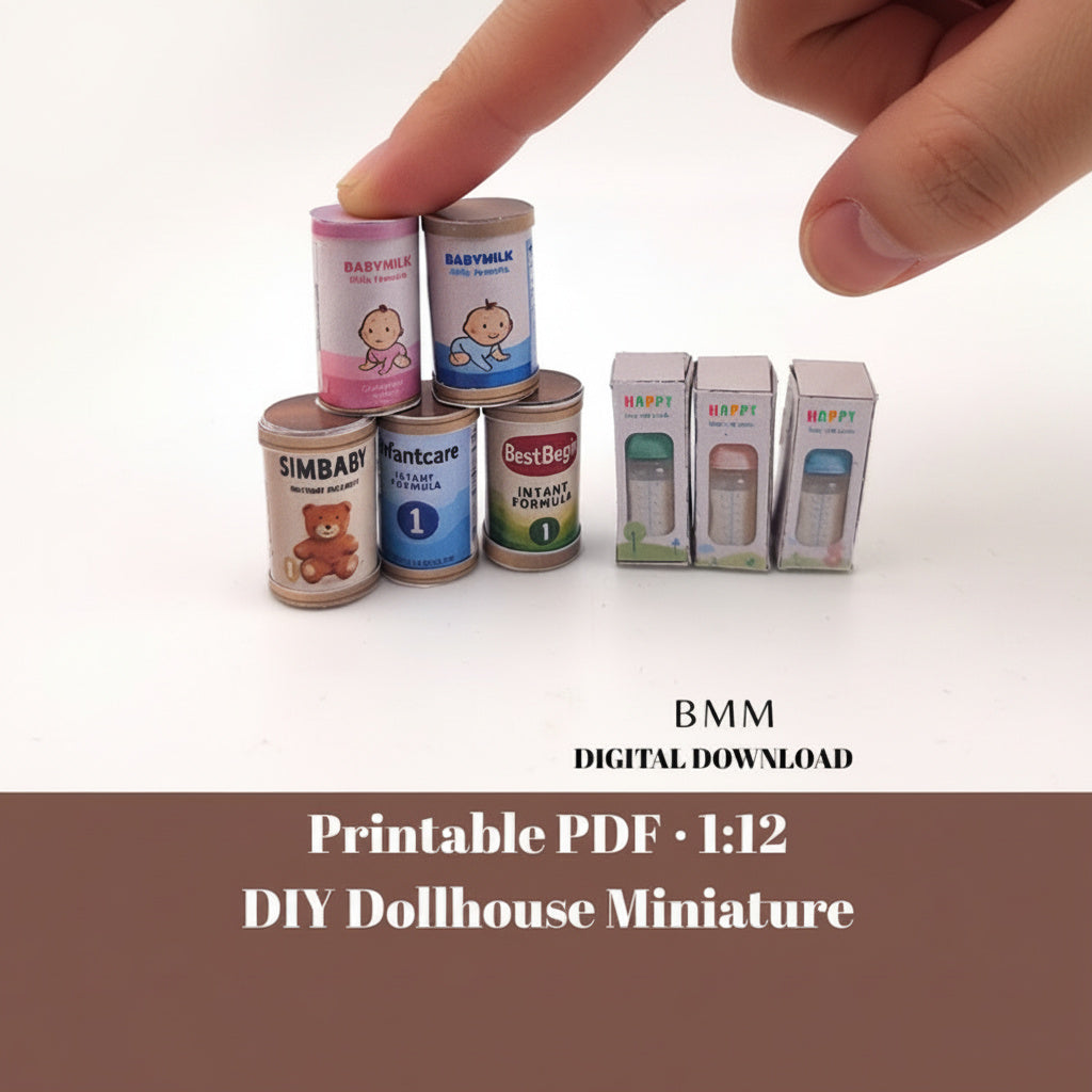 1:12 6 style Baby milk formula with 3 milk bottles(PDF template), Newborns, Infants, Babies, for dollhouse, DIY miniature paper file