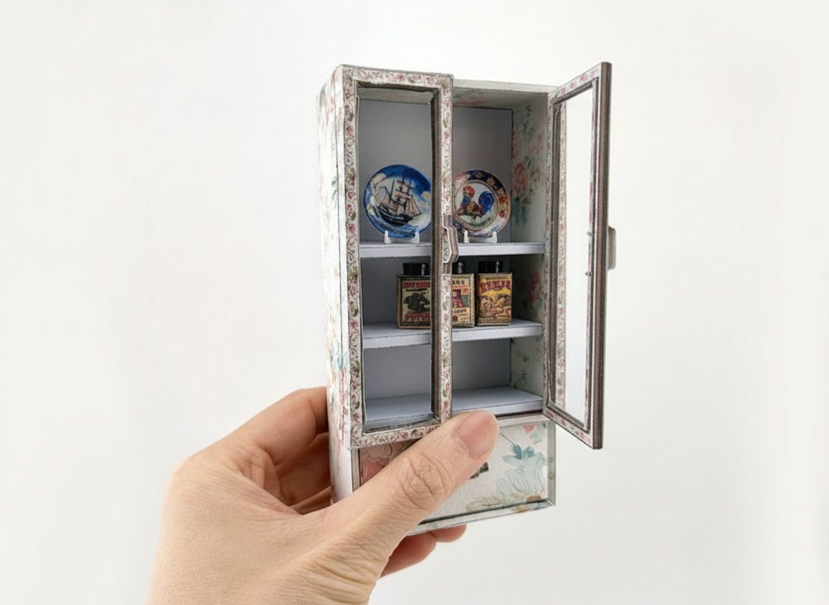1:12 Vintage Paper Wardrobe — Openable Dollhouse Cabinet with Floral Pattern & Pull-Out Drawer (Printable, No Wood)