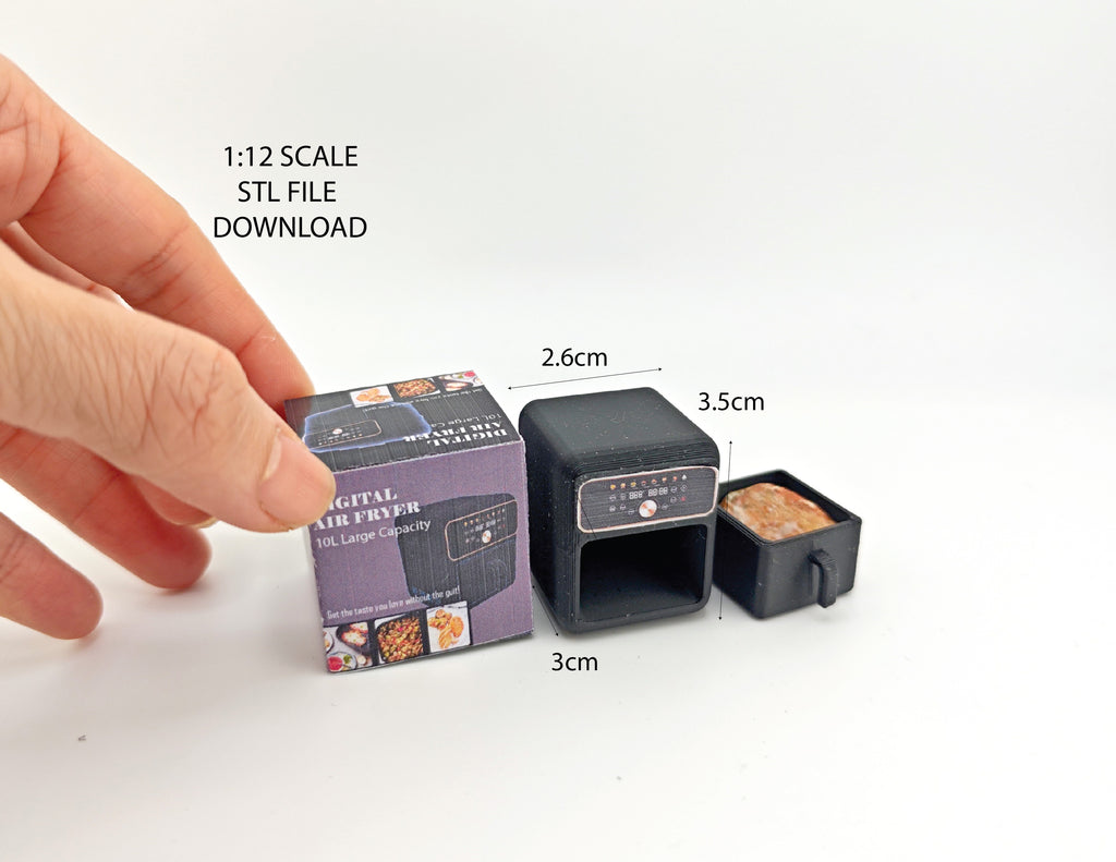 Download this 1:12 scale classic air fryer 3D printing file, perfect for mini cookware enthusiasts and collectors. Ideal for creating detailed kitchen miniatures, this STL file includes packaging and supports real-cook designs. Enhance your dollhouse or mini cooking setup with this tiny appliance today