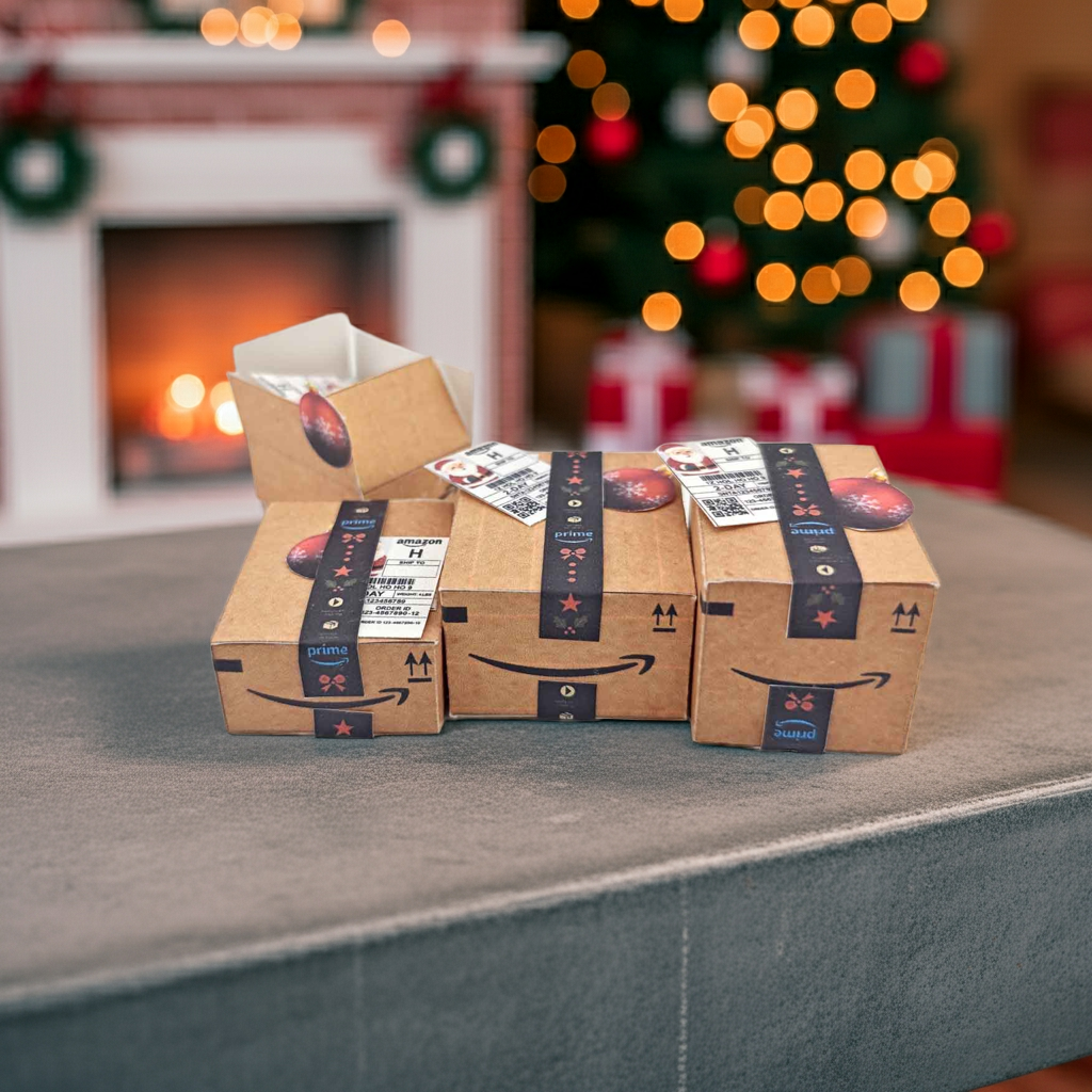 Christmas Miniature Delivery Box — Amazon Packages for Dollhouse 12 Scale, Gift or Ornament