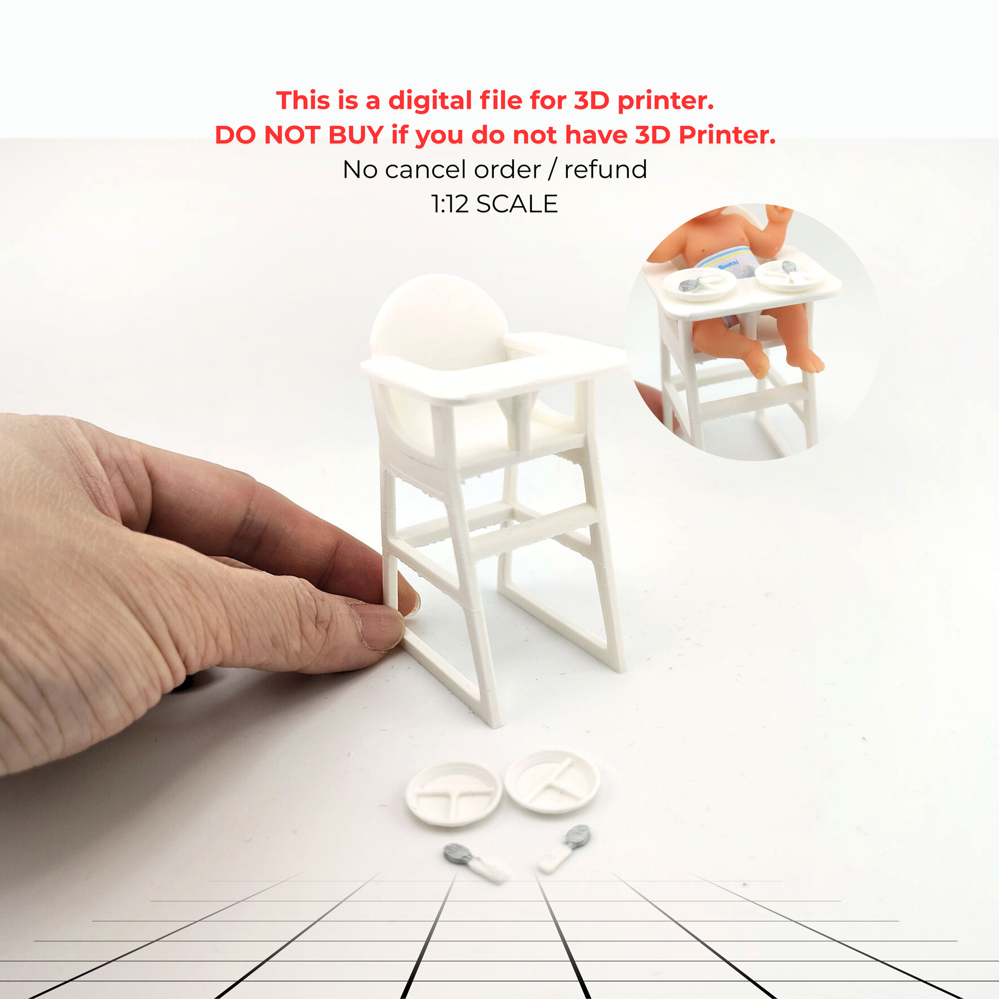 1:12 Baby High Chair STL — Miniature Baby Furniture for Dollhouse Nurseries (3D Print File, Instant Download)