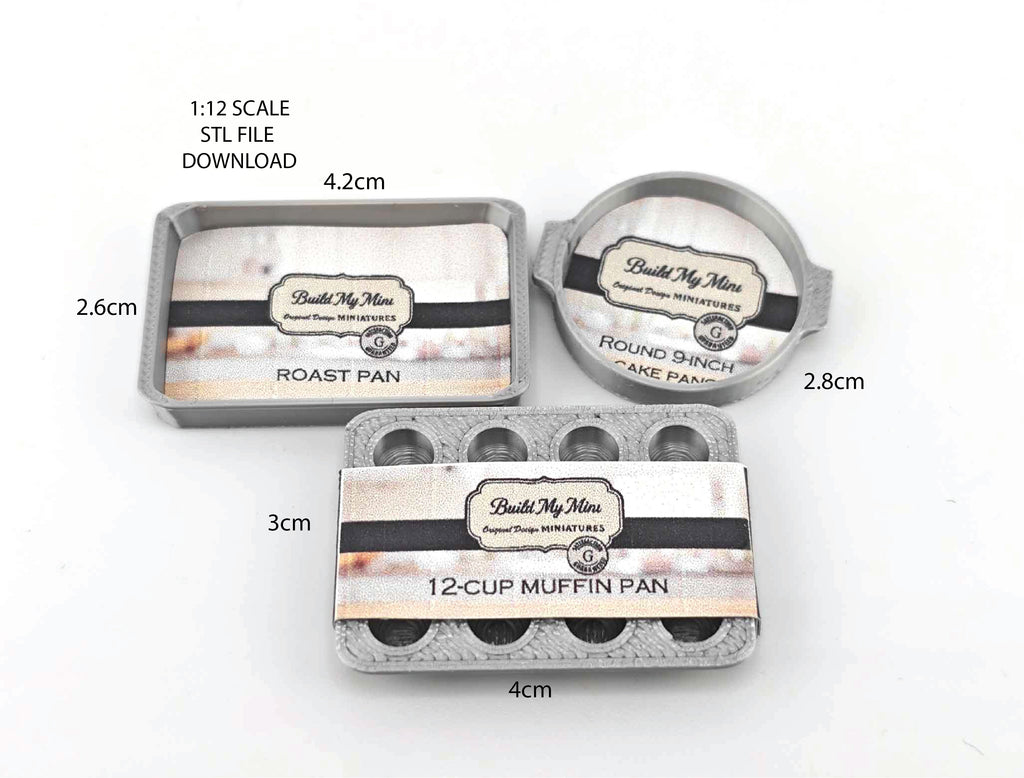 1:12 Miniature Baking Pans — STL File with Muffin, Roast, and Round Pans for Dollhouse Kitchen Scenes