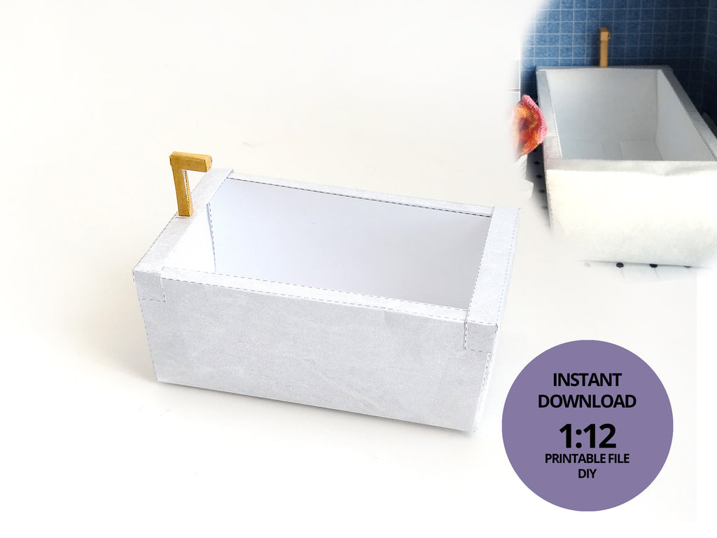 A digital printable template for a 1:12 scale dollhouse bathtub, designed for BMM shoe box bathroom scenes. The template features a detailed, elegant bathtub with clean lines, ready to be printed on regular paper, cut, and assembled for a miniature bathroom setup.
