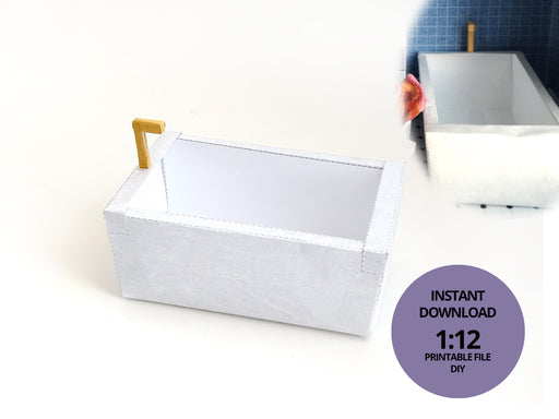 A digital printable template for a 1:12 scale dollhouse bathtub, designed for BMM shoe box bathroom scenes. The template features a detailed, elegant bathtub with clean lines, ready to be printed on regular paper, cut, and assembled for a miniature bathroom setup.
