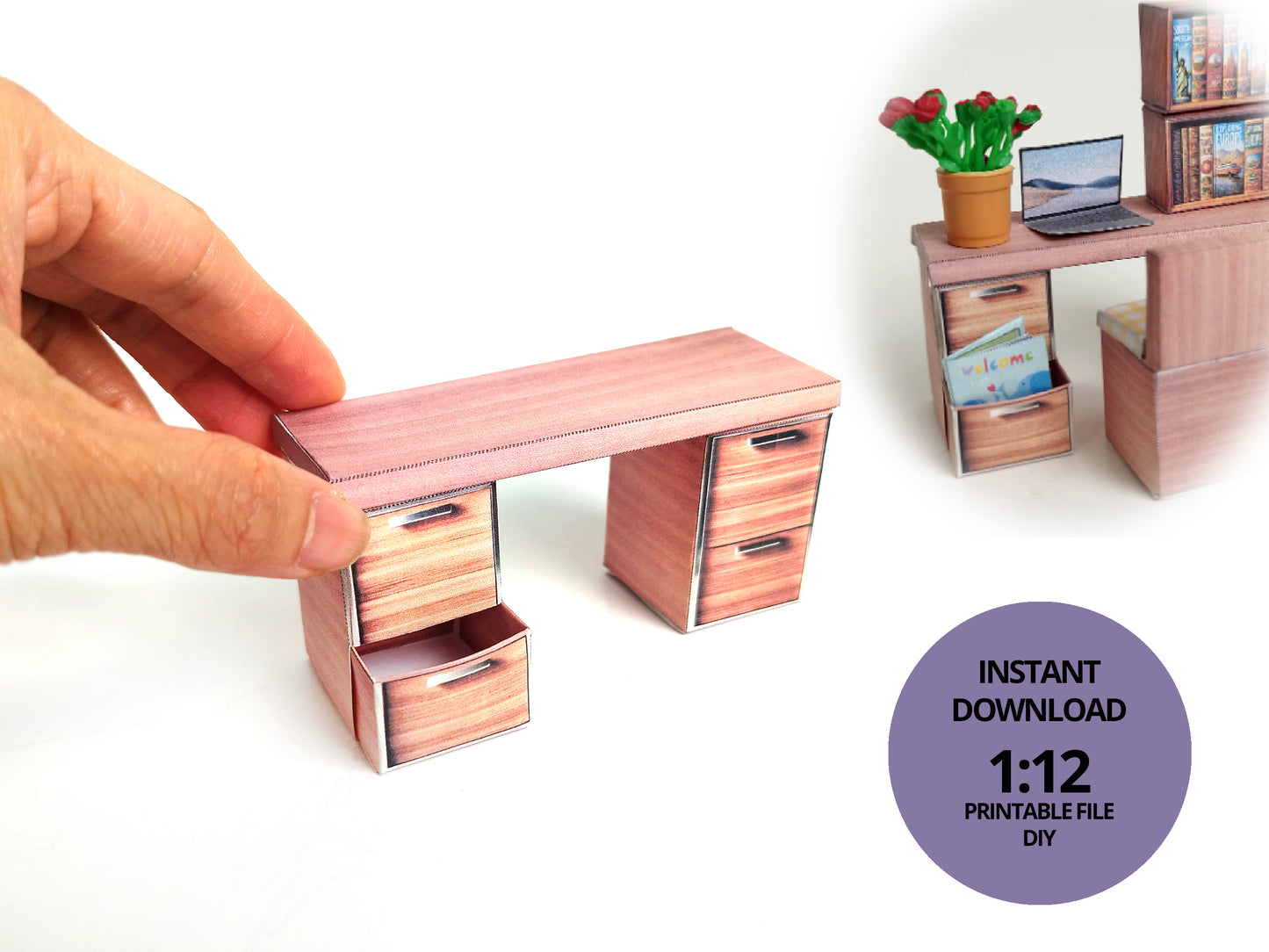 1:12 Bedroom mini wooden Desk, openable drawer - Printable Dollhouse furniture,  DIY, printable miniature template, BMM shoe box miniature