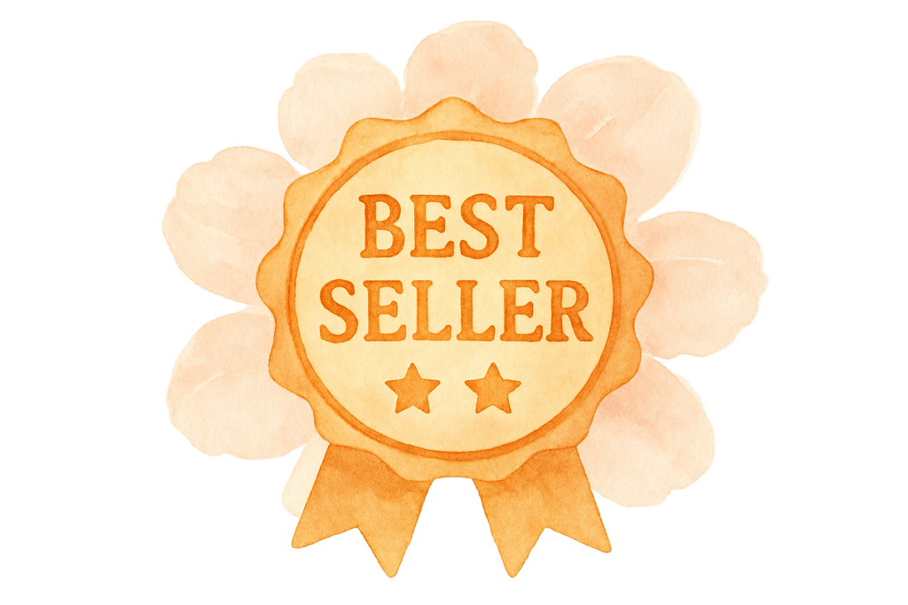 best seller icon, water print style, in a white backround, flower behind the icon