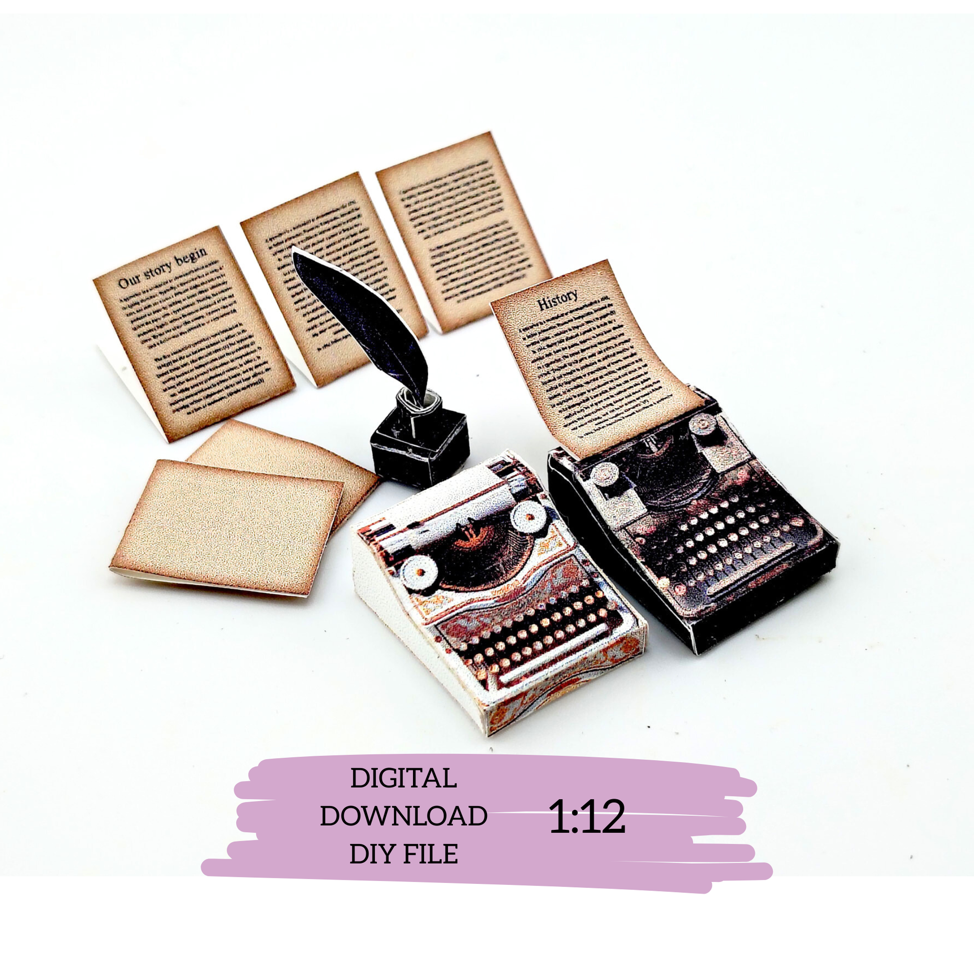 1:12 Vintage 1935 Typewriter Miniature — Black & Gold Dollhouse Desk Accessory with Feather Ink and Old Papers