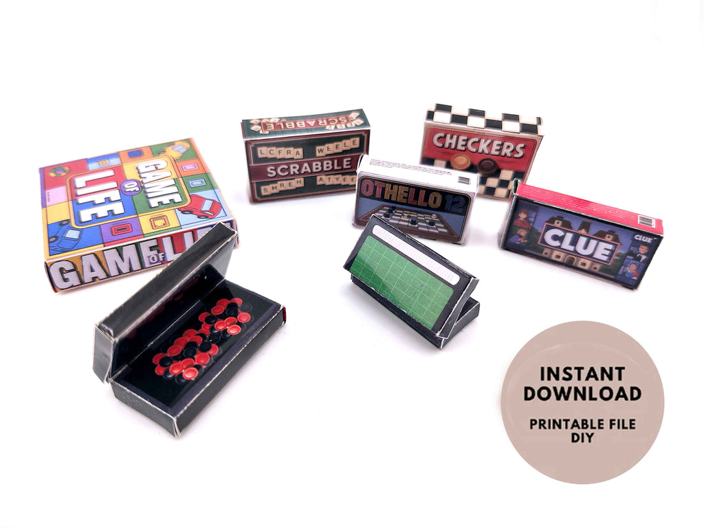 miniature 1:6, 7 items Board Games and openable chess board Clue, Checker, scrabble, game of life, Othello12 l toy printable template