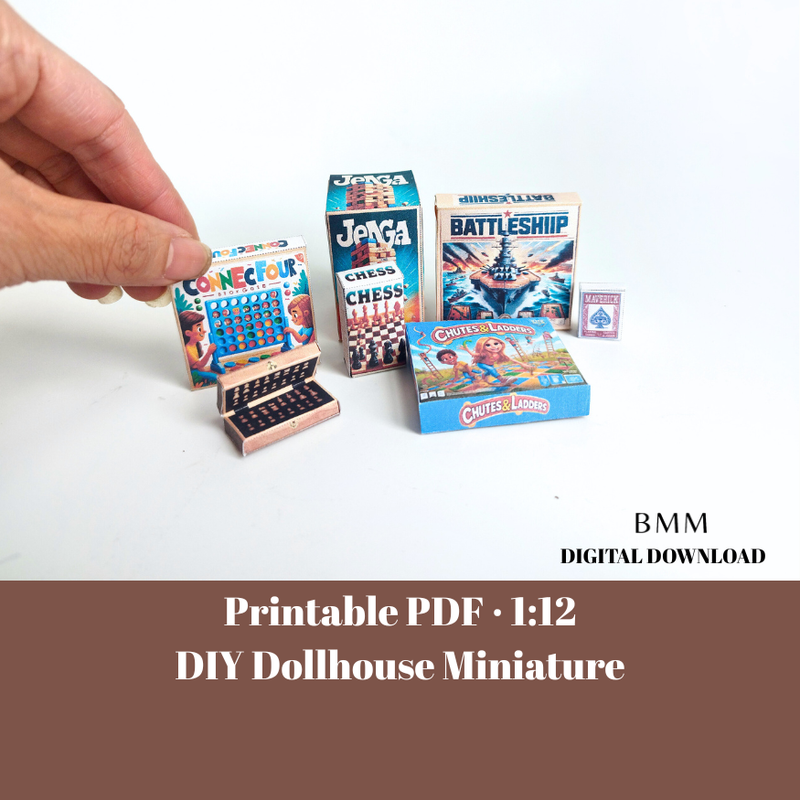 1:12 Scale , 7 items Board Games and openable chess board - Printable Dollhouse decorations - printable miniature template