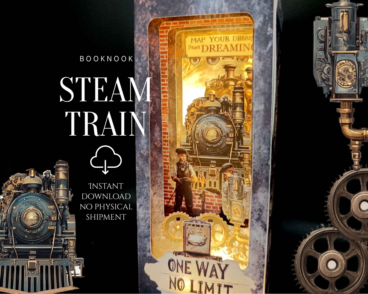 Vintage Steam Train Book Nook Kit – 15 cm Tall Foldable Paper Diorama with LED Lighting