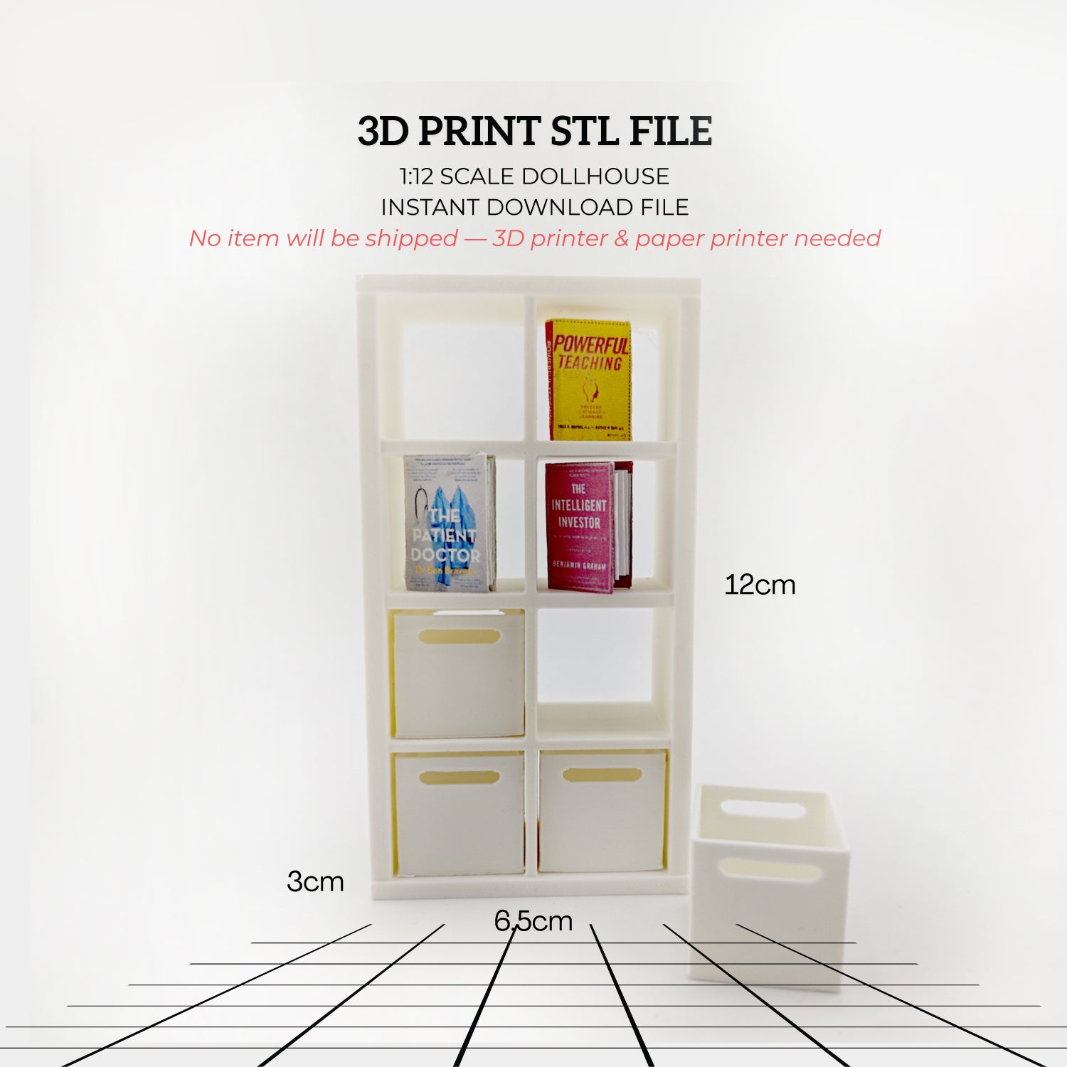 1:12 book shelf and organizers for office and home, three books are included, office equipment, office diorama