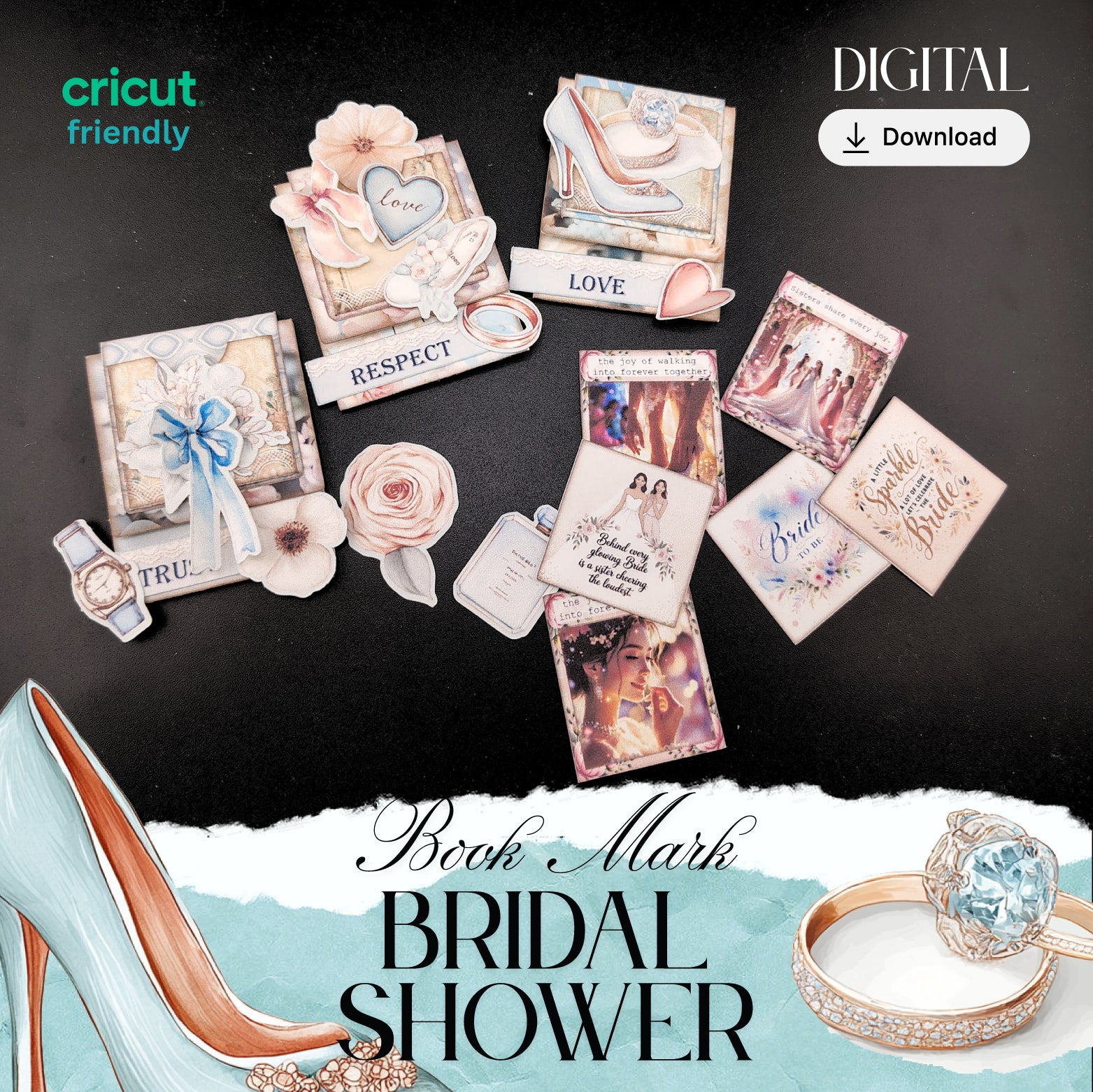 Bridal Shower Bookmark Clipart — DIY Printable Ephemera with “Embrace the Friendship” Design