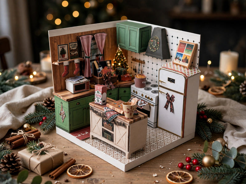 Printable Christmas Kitchen Diorama Kit, DIY 3D Miniature Holiday Room Box, Vintage Festive Papercraft Template, ( Digital Download)