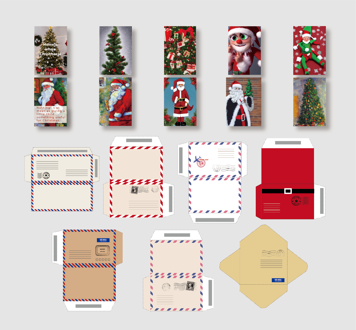 Mailing to Santa 10 style Christmas cards 7 style letter envelopes plus Santa mail box and mail bags xmas tree decorations