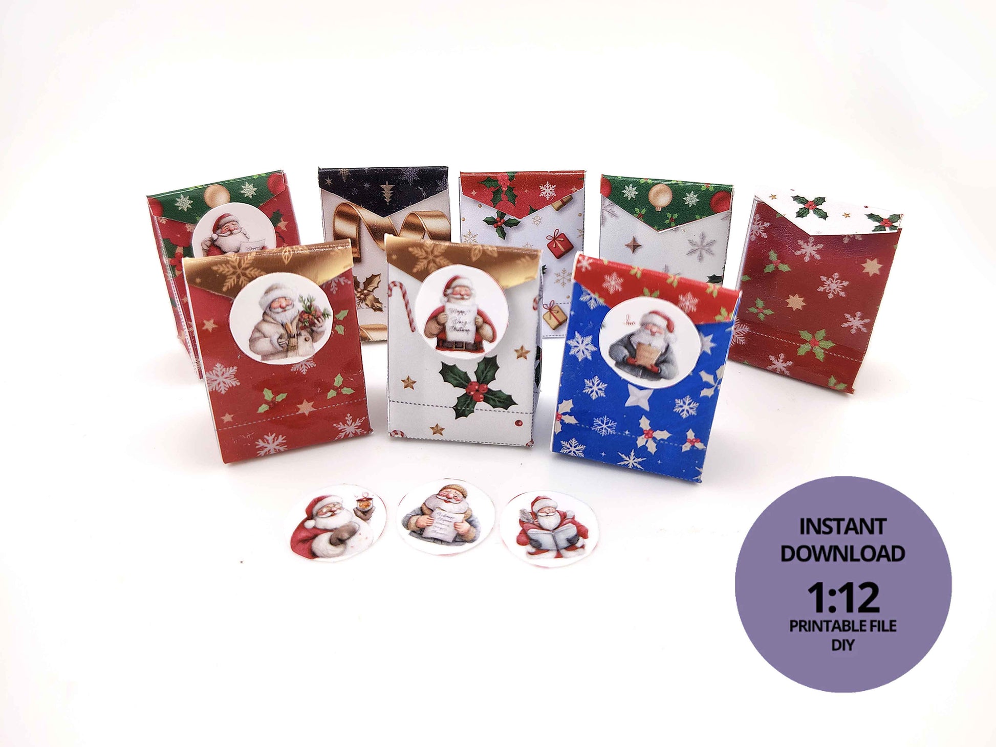 Open box 8 styles Christmas wrapping bags different colors and styles with Santa stickers for dollhouse Christmas setting or gift 11:12